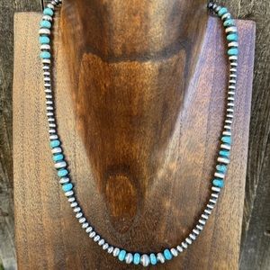 Southwestern Sterling Silver Turquoise 4mm Pearls Bead Necklace. 18 Inch. Gift